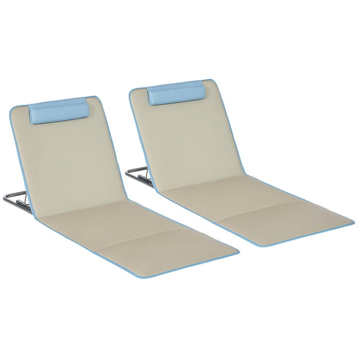 Conjunto de 2 Esteiras de Praia Dobráveis 124x53x50cm com Encosto Ajustável e Apoio para a Cabeça Esteira de Praia Tecido Oxford Aço com Bolsa de Transporte Bege e Azul