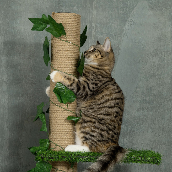Árvore para Gatos do Chão ao Teto 37x21x202-242 cm Torre Arranhador para Gatos com Altura Ajustável 4 Plataformas de Relva Artificial Folhas Artificiais e Poste de Juta Verde