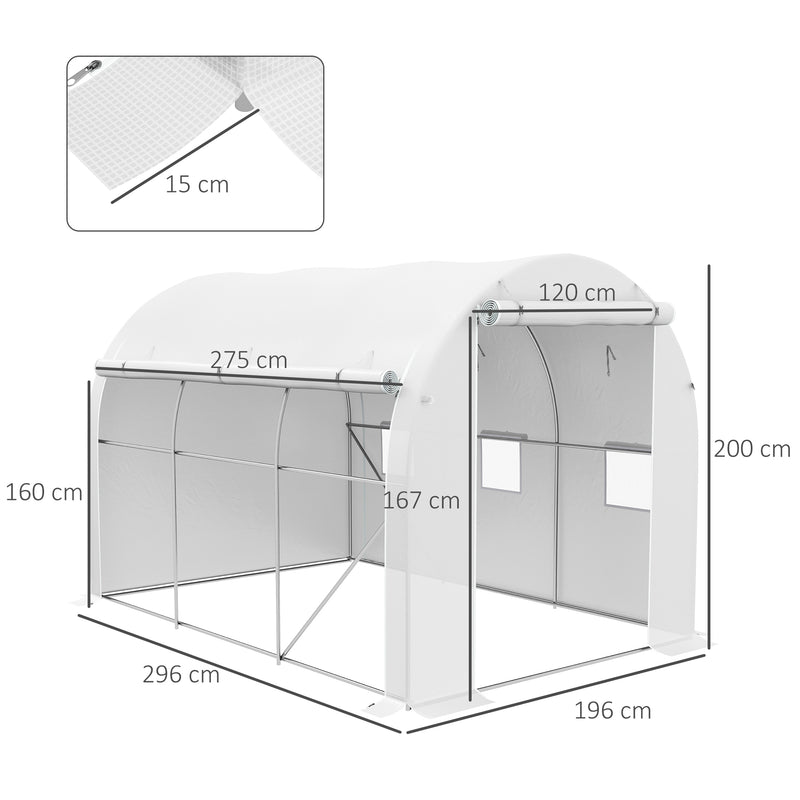 Estufa Tipo Túnel 3x2x2 m Estufa de Jardim com 3 Portas e 6 Janelas Enroláveis Estufa com Teto Curvo para Cultivo de Plantas Flores Branco