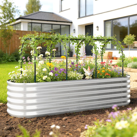 Caixa de Plantio Exterior Grande com Cobertura de Estufa e Rede Caixa de Cultivo de Aço Galvanizado com Fundo Aberto Resistente às Intempéries, para Jardim Terraço 200x60x103 cm Prateado