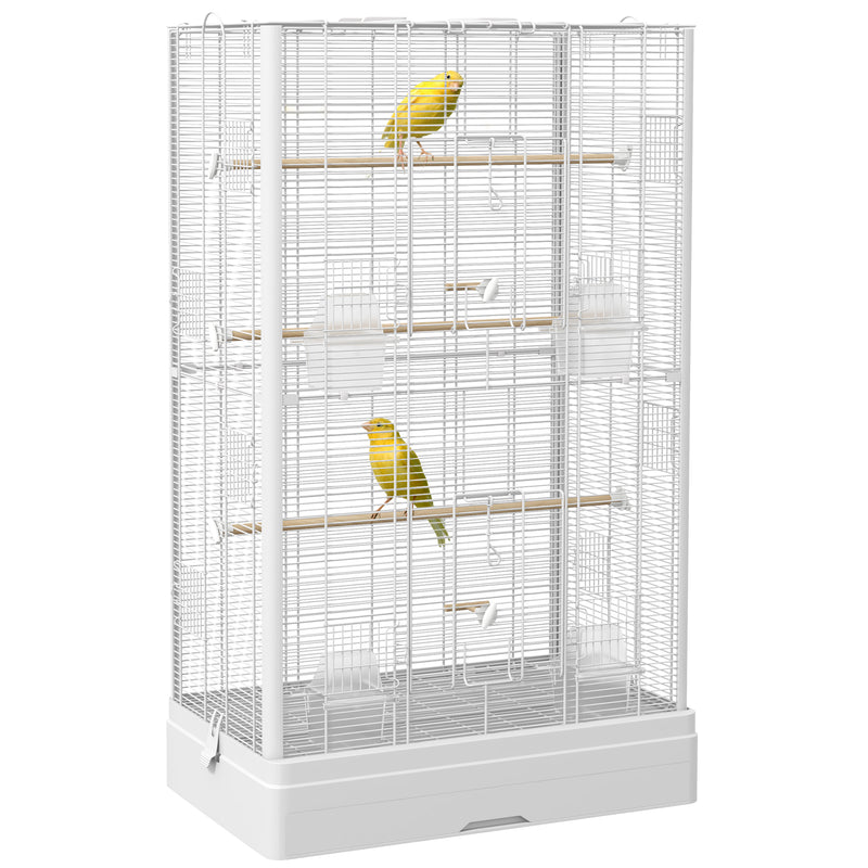 Gaiola para Pássaros 61x36,5x98 cm Gaiola para Aves com Portas Poleiros Bandeja Removível Caixas de Comida e Alças para Canários Periquitos Branco