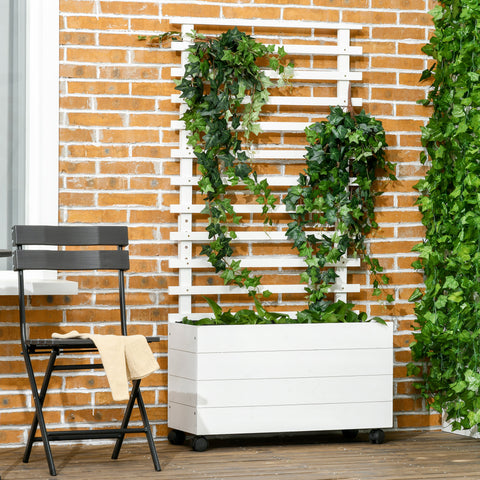 Floreira com Treliça de Madeira Maciça com 4 Rodas Caixa de Plantio com Suporte para Plantas Trepadeiras e Malha Geotêxtil para Cultivos de Plantas Flores 76x30x155 cm Branco