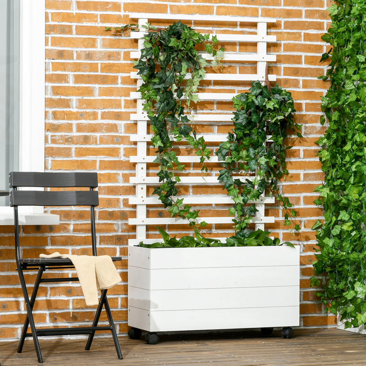 Floreira com Treliça de Madeira Maciça com 4 Rodas Caixa de Plantio com Suporte para Plantas Trepadeiras e Malha Geotêxtil para Cultivos de Plantas Flores 76x30x155 cm Branco