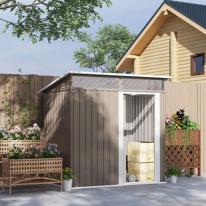 Abrigo de Jardim 1,9m² 195x122x182 cm Abrigo de Exterior com Base Reforçada (Chão NÃO Incluído) Porta Corredera Janelas Abrigo de Ferramentas para Pátio Marrom Claro