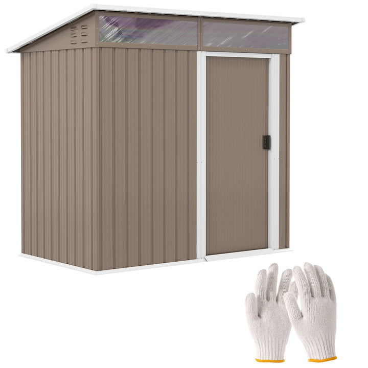 Abrigo de Jardim 1,9m² 195x122x182 cm Abrigo de Exterior com Base Reforçada (Chão NÃO Incluído) Porta Corredera Janelas Abrigo de Ferramentas para Pátio Marrom Claro