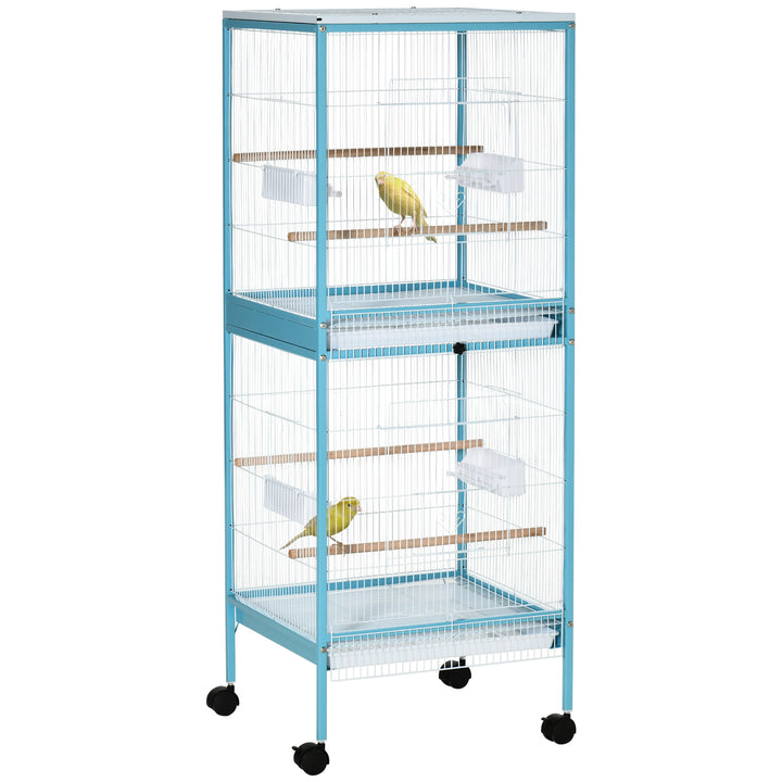 Gaiola para Pássaros com Rodas Gaiola Grande de 2 Níveis com Bandejas Removíveis Portas Comedouros Poleiros para Canários Periquitos 51,5x50x140 cm Azul e Branco