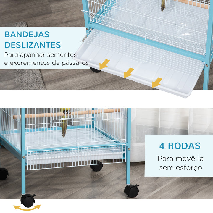 Gaiola para Pássaros com Rodas Gaiola Grande de 2 Níveis com Bandejas Removíveis Portas Comedouros Poleiros para Canários Periquitos 51,5x50x140 cm Azul e Branco