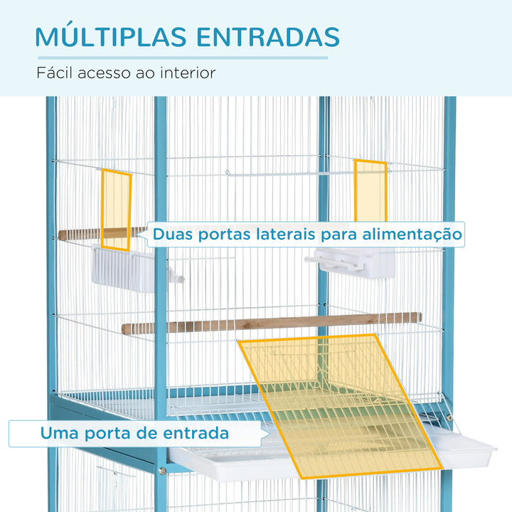 Gaiola para Pássaros com Rodas Gaiola Grande de 2 Níveis com Bandejas Removíveis Portas Comedouros Poleiros para Canários Periquitos 51,5x50x140 cm Azul e Branco