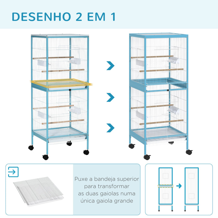 Gaiola para Pássaros com Rodas Gaiola Grande de 2 Níveis com Bandejas Removíveis Portas Comedouros Poleiros para Canários Periquitos 51,5x50x140 cm Azul e Branco
