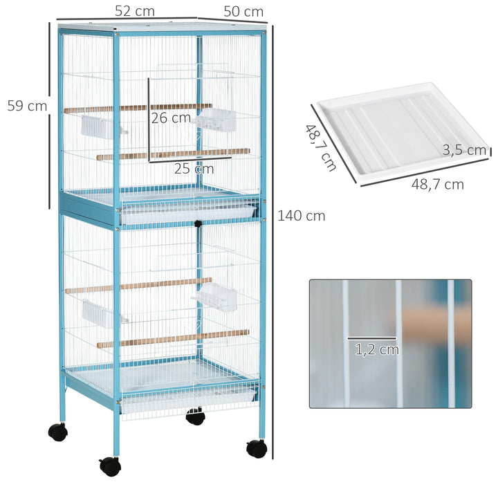Gaiola para Pássaros com Rodas Gaiola Grande de 2 Níveis com Bandejas Removíveis Portas Comedouros Poleiros para Canários Periquitos 51,5x50x140 cm Azul e Branco