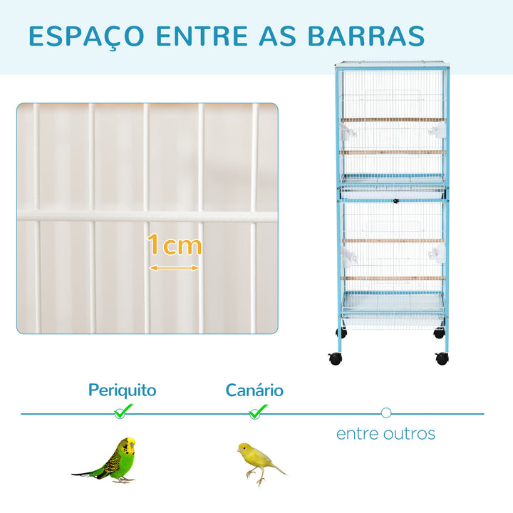 Gaiola para Pássaros com Rodas Gaiola Grande de 2 Níveis com Bandejas Removíveis Portas Comedouros Poleiros para Canários Periquitos 51,5x50x140 cm Azul e Branco
