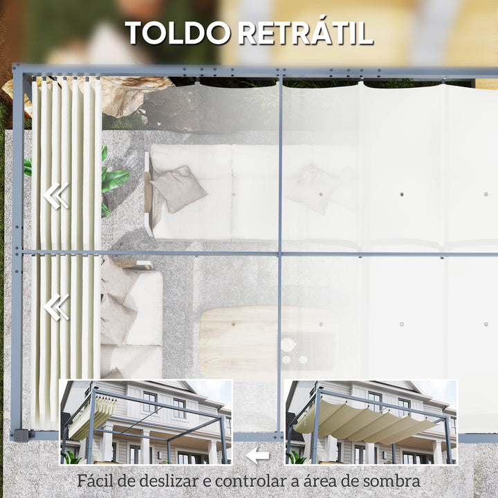 Pérgola de Alumínio 4x3 m Pérgola de Jardim Pérgola com Luzes LED Solares Teto Retrátil Impermeável Anti-UV Pérgola para Pátio Varanda Creme e Cinzento