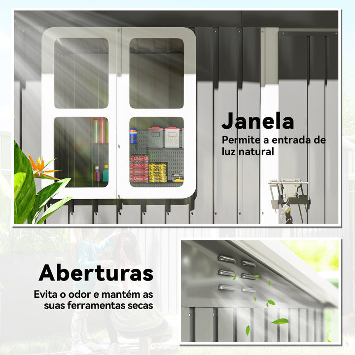 Abrigo de Jardim Exterior 2,55 m² 221x133x190 cm Abrigo de Exterior Metálico com Janela Porta com Fechadura e Ventilações para Armazenamento de Ferramentas Cinzento Escuro