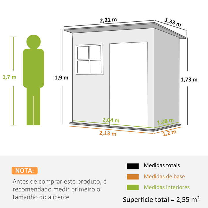 Abrigo de Jardim Exterior 2,55 m² 221x133x190 cm Abrigo de Exterior Metálico com Janela Porta com Fechadura e Ventilações para Armazenamento de Ferramentas Cinzento Escuro