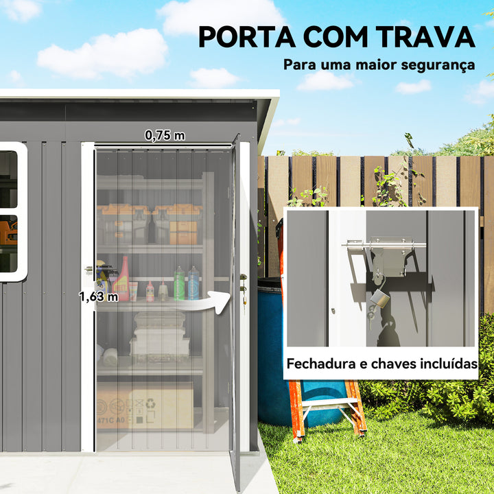 Abrigo de Jardim Exterior 2,55 m² 221x133x190 cm Abrigo de Exterior Metálico com Janela Porta com Fechadura e Ventilações para Armazenamento de Ferramentas Cinzento Escuro