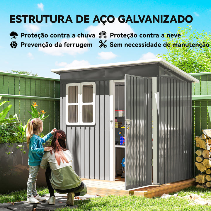 Abrigo de Jardim Exterior 2,55 m² 221x133x190 cm Abrigo de Exterior Metálico com Janela Porta com Fechadura e Ventilações para Armazenamento de Ferramentas Cinzento Escuro