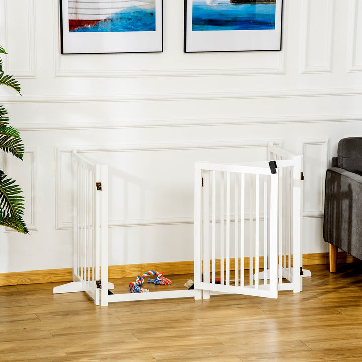 Barreira para Cães Dobrável Barreira para Cães Pequenos e Médios de 4 Painéis com Porta Barreira de Segurança em Madeira para Escadas e Corredores 237,5x36x80 cm Branco