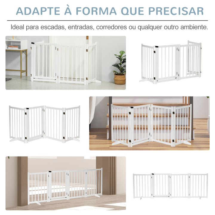 Barreira para Cães Dobrável Barreira para Cães Pequenos e Médios de 4 Painéis com Porta Barreira de Segurança em Madeira para Escadas e Corredores 237,5x36x80 cm Branco