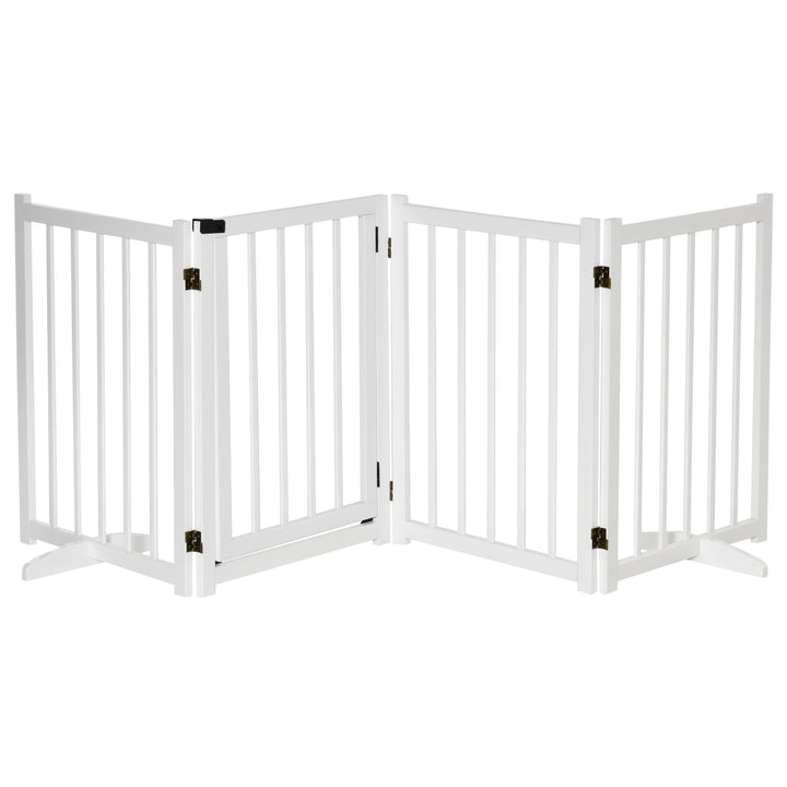 Barreira para Cães Dobrável Barreira para Cães Pequenos e Médios de 4 Painéis com Porta Barreira de Segurança em Madeira para Escadas e Corredores 237,5x36x80 cm Branco