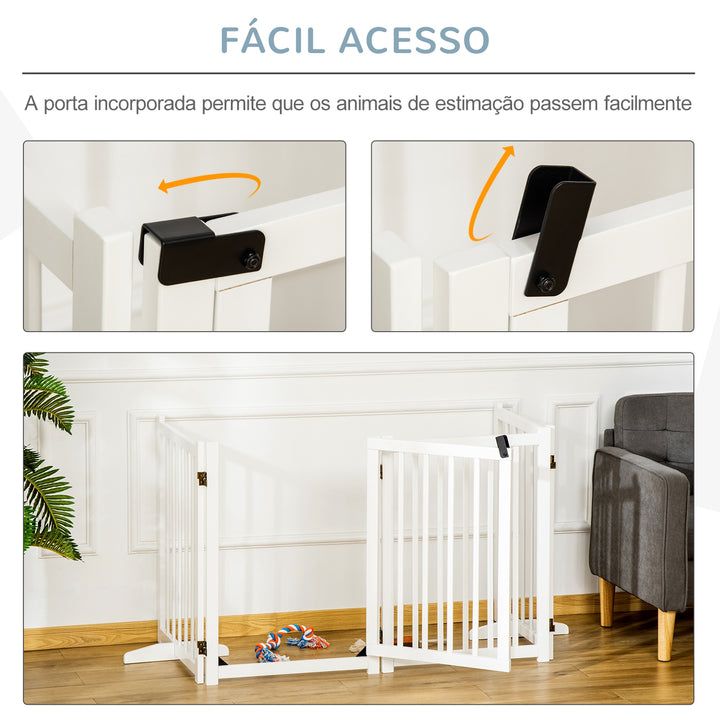 Barreira para Cães Dobrável Barreira para Cães Pequenos e Médios de 4 Painéis com Porta Barreira de Segurança em Madeira para Escadas e Corredores 237,5x36x80 cm Branco