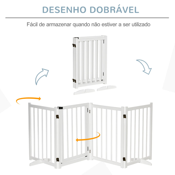 Barreira para Cães Dobrável Barreira para Cães Pequenos e Médios de 4 Painéis com Porta Barreira de Segurança em Madeira para Escadas e Corredores 237,5x36x80 cm Branco