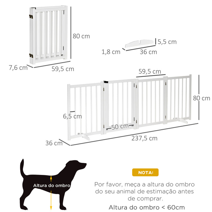 Barreira para Cães Dobrável Barreira para Cães Pequenos e Médios de 4 Painéis com Porta Barreira de Segurança em Madeira para Escadas e Corredores 237,5x36x80 cm Branco