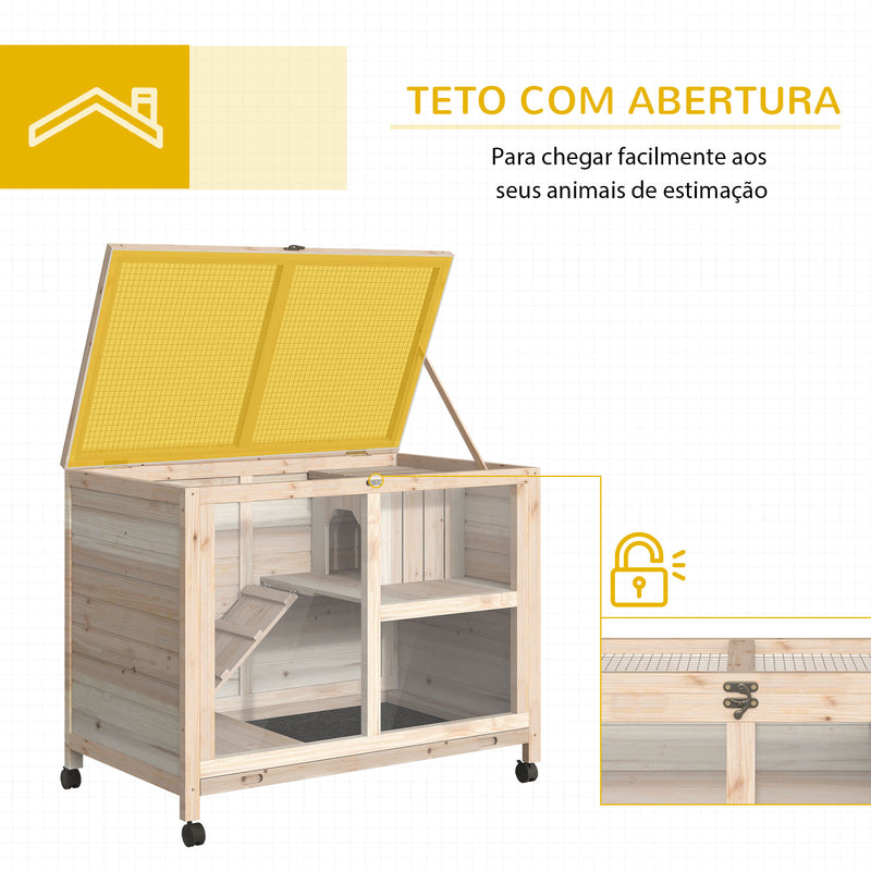 Coelheira de Madeira com Rodas 91,5x53,5x73cm Gaiola para Coelhos de 2 Níveis com Teto Abatível Bandeja Amovível e Rampa Natural