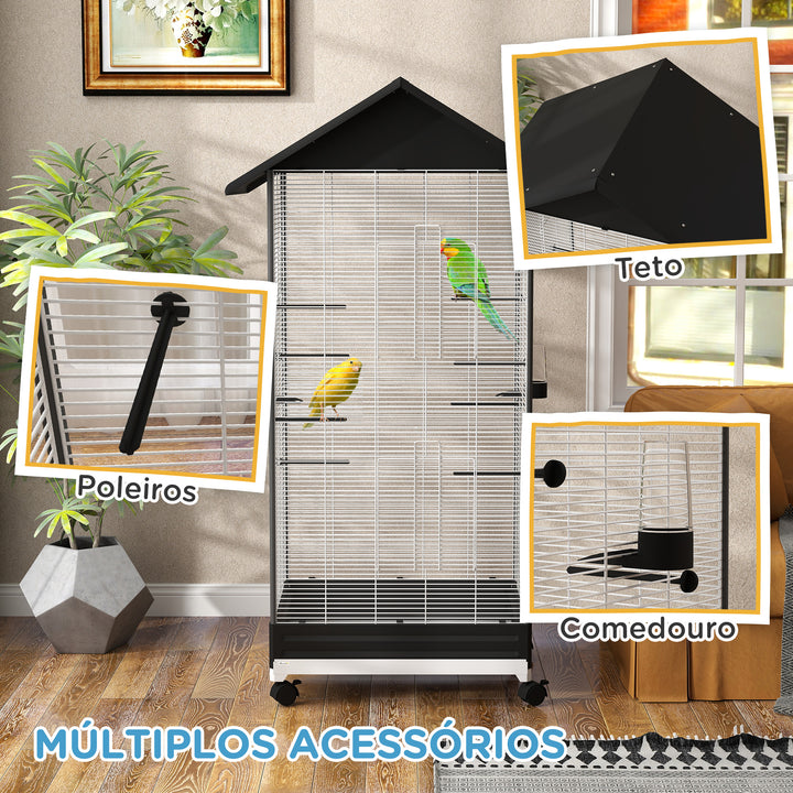 Gaiola para Pássaros com Rodas Gaiola Metálica com Bandeja Amovível 4 Portas 2 Comedouros e 8 Poleiros para Canários Periquitos 79x65x155 cm Preto