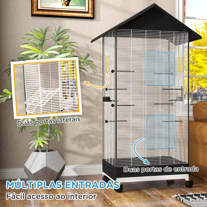 Gaiola para Pássaros com Rodas Gaiola Metálica com Bandeja Amovível 4 Portas 2 Comedouros e 8 Poleiros para Canários Periquitos 79x65x155 cm Preto