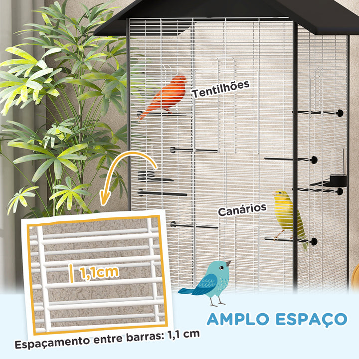 Gaiola para Pássaros com Rodas Gaiola Metálica com Bandeja Amovível 4 Portas 2 Comedouros e 8 Poleiros para Canários Periquitos 79x65x155 cm Preto
