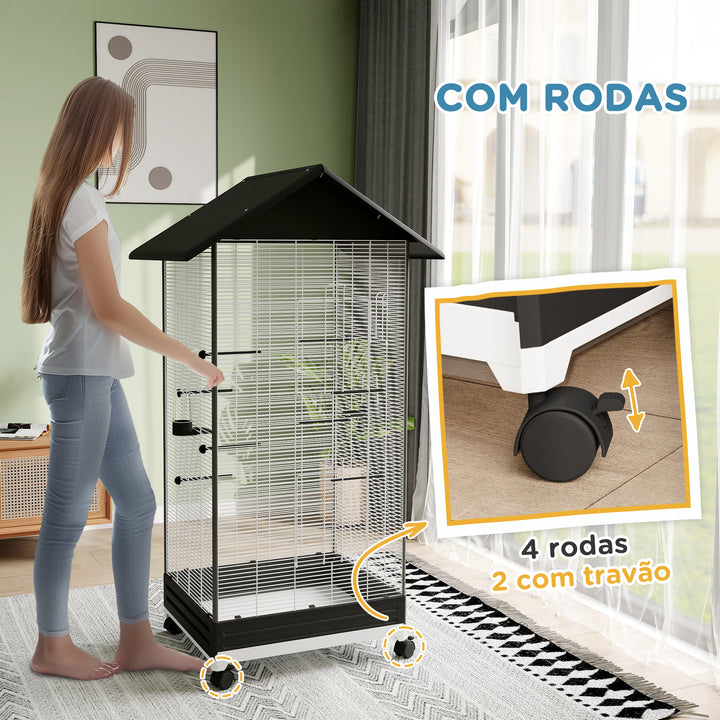 Gaiola para Pássaros com Rodas Gaiola Metálica com Bandeja Amovível 4 Portas 2 Comedouros e 8 Poleiros para Canários Periquitos 79x65x155 cm Preto