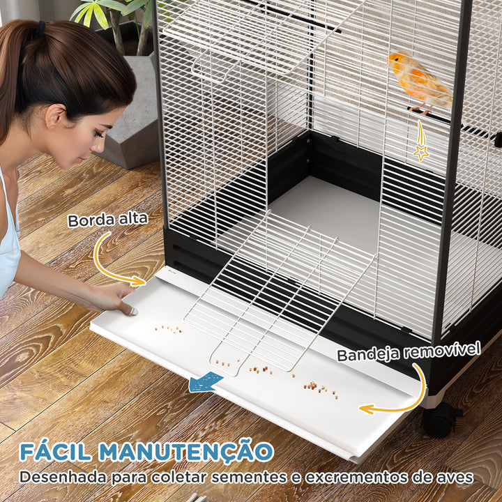 Gaiola para Pássaros com Rodas Gaiola Metálica com Bandeja Amovível 4 Portas 2 Comedouros e 8 Poleiros para Canários Periquitos 79x65x155 cm Preto