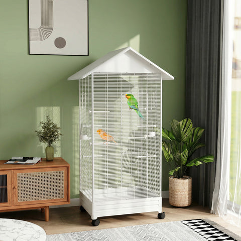 Gaiola para Pássaros com Rodas Gaiola Metálica com Bandeja Amovível 4 Portas 2 Comedouros e 8 Poleiros para Canários Periquitos 79x65x155 cm Branco