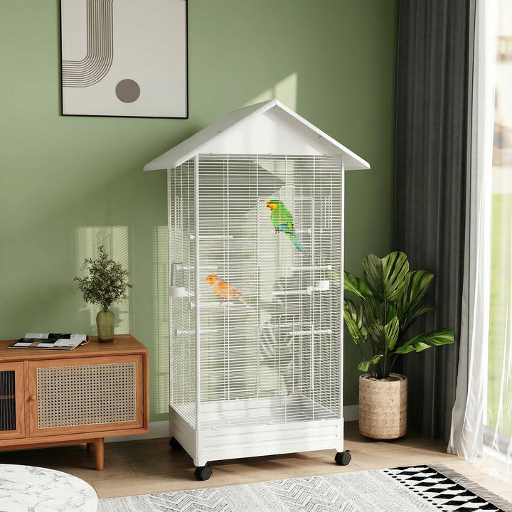 Gaiola para Pássaros com Rodas Gaiola Metálica com Bandeja Amovível 4 Portas 2 Comedouros e 8 Poleiros para Canários Periquitos 79x65x155 cm Branco