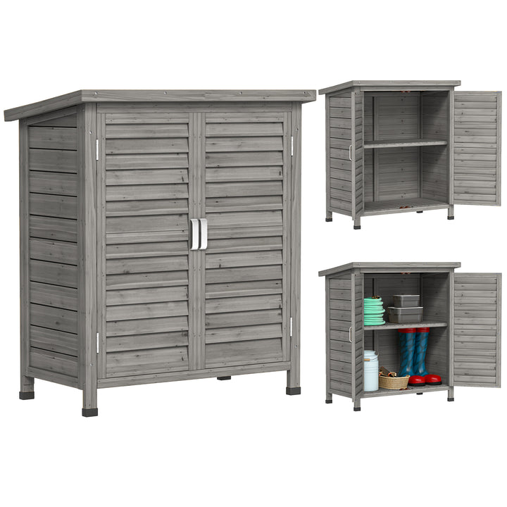 Armário de Armazenamento de Madeira para Jardim com 2 Prateleiras Interiores 2 Portas e Teto Inclinado para Exterior Terraço 87x46,5x96,5cm Cinza