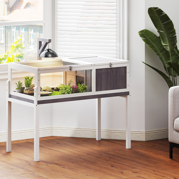 Casa para Tartarugas em Madeira Terrário para Répteis com 2 Tetos Articulados Bandeja Removível Suporte para Lâmpada Painéis Transparentes Trinco de Segurança e Tigela 104x53x82 cm Branco e Cinza