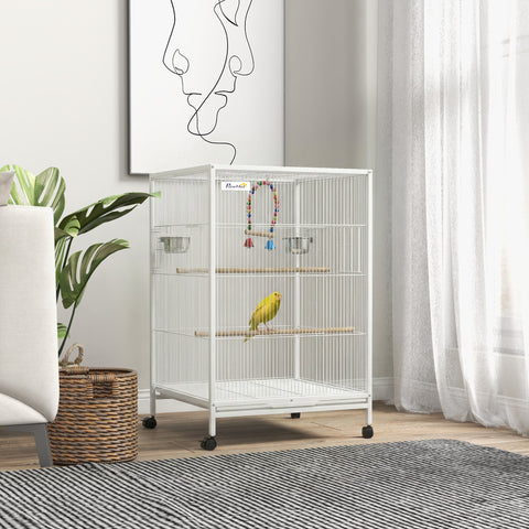 Gaiola para Pássaros com Rodas Gaiola de Aço com Poleiros Baloiço Bandeja Removível e Tigelas de Aço Inoxidável Grande para Papagaios Canários Periquitos 48x46x78 cm Branco