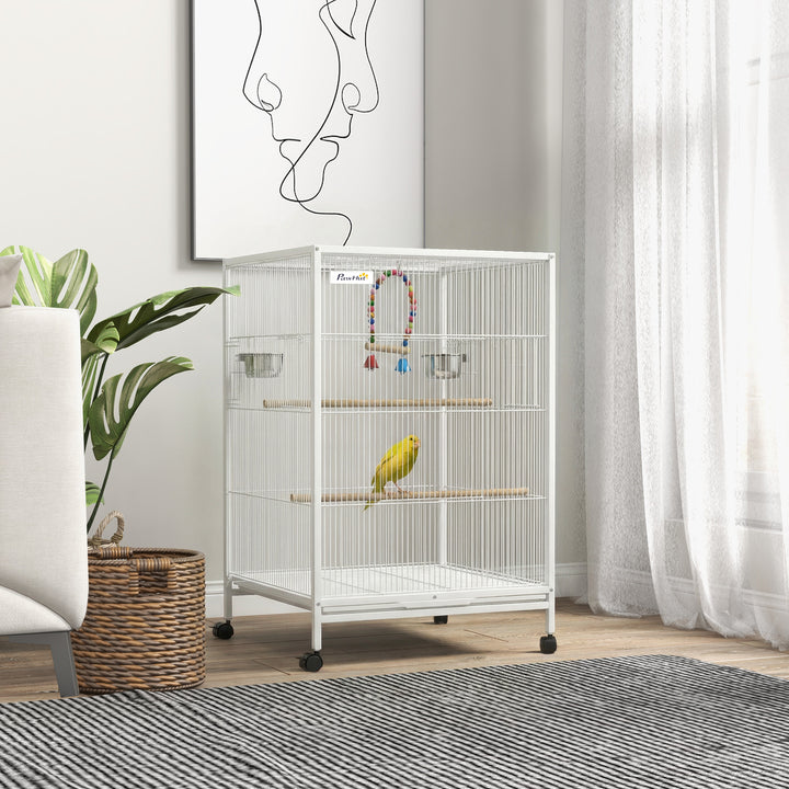 Gaiola para Pássaros com Rodas Gaiola de Aço com Poleiros Baloiço Bandeja Removível e Tigelas de Aço Inoxidável Grande para Papagaios Canários Periquitos 48x46x78 cm Branco