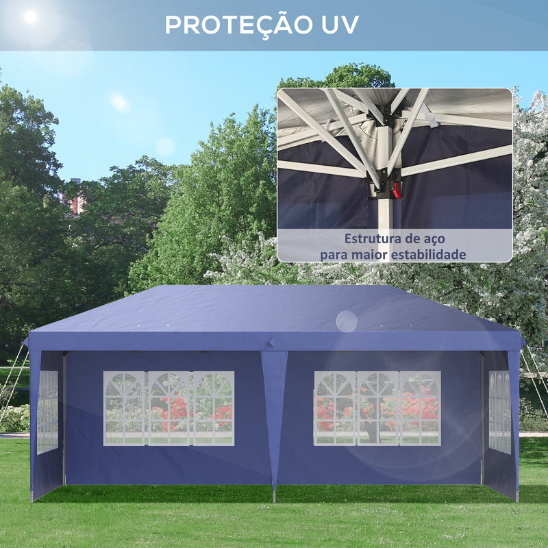 Tenda Dobrável 585x295x270 cm com 4 Paredes Laterais Amovíveis Tenda de Jardim com 4 Janelas e Bolsa de Transporte para Pátio Exterior Azul