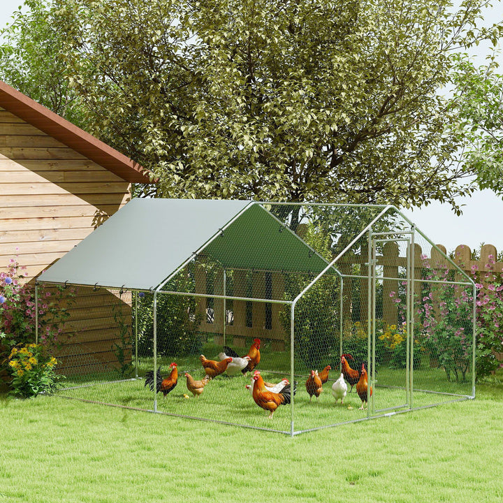 Galinheiro para Exterior 3x3,4x1,9 m Galinheiro de Aço Galvanizado com Cobertura Anti-UV e Impermeável Gaiola para 10-15 Galinhas Prata