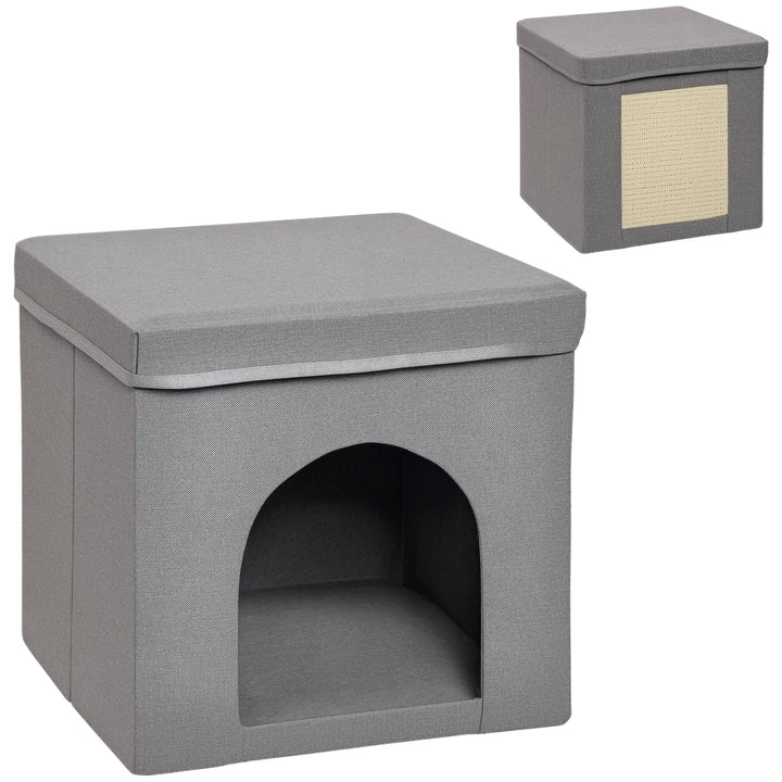 Casa para Gatos Cama para Gatos Casa para Gatos com Placa de Arranhar e Porta Interior 36,5x36,5x36,5 cm Cinza