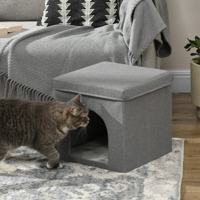 Casa para Gatos Cama para Gatos Casa para Gatos com Placa de Arranhar e Porta Interior 36,5x36,5x36,5 cm Cinza