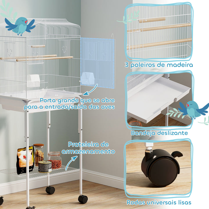 Gaiola Grande para Pássaros com Rodas Prateleira de Armazenamento Portas, 2 Comedouros 2 Poleiros Baloiço Bandeja Removível e Pega para Papagaio Canário Periquito 46,5x36x124 cm Branco