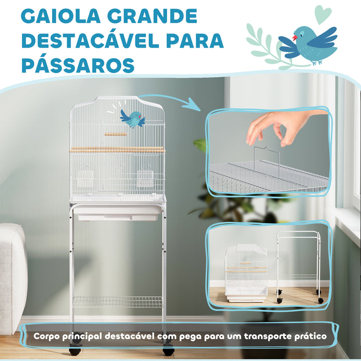 Gaiola Grande para Pássaros com Rodas Prateleira de Armazenamento Portas, 2 Comedouros 2 Poleiros Baloiço Bandeja Removível e Pega para Papagaio Canário Periquito 46,5x36x124 cm Branco