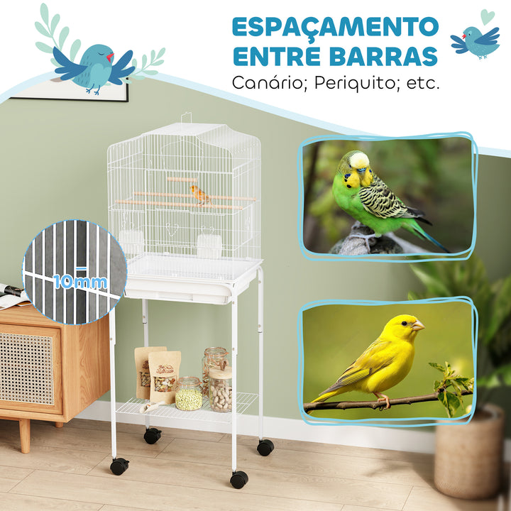 Gaiola Grande para Pássaros com Rodas Prateleira de Armazenamento Portas, 2 Comedouros 2 Poleiros Baloiço Bandeja Removível e Pega para Papagaio Canário Periquito 46,5x36x124 cm Branco