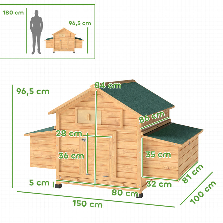 Galinheiro de Madeira para Exterior Abrigo para Galinhas com 2 Ninhos Bandeja Removível Poleiros, Telhado Impermeável Casa para 2-4 Galinhas e Coelhos 150x100x96,5 cm Madeira