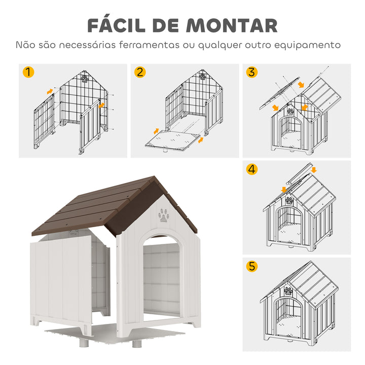 Casota para Cães de Exterior Casa para Cães Grandes de Plástico Impermeável com 2 Janelas Base Elevada Estacas Fácil de Montar 88x79x89 cm Castanho Escuro
