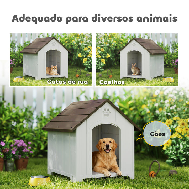 Casota para Cães de Exterior Casa para Cães Grandes de Plástico Impermeável com 2 Janelas Base Elevada Estacas Fácil de Montar 88x79x89 cm Castanho Escuro