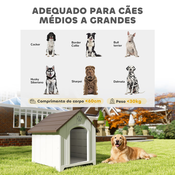Casota para Cães de Exterior Casa para Cães Grandes de Plástico Impermeável com 2 Janelas Base Elevada Estacas Fácil de Montar 88x79x89 cm Castanho Escuro