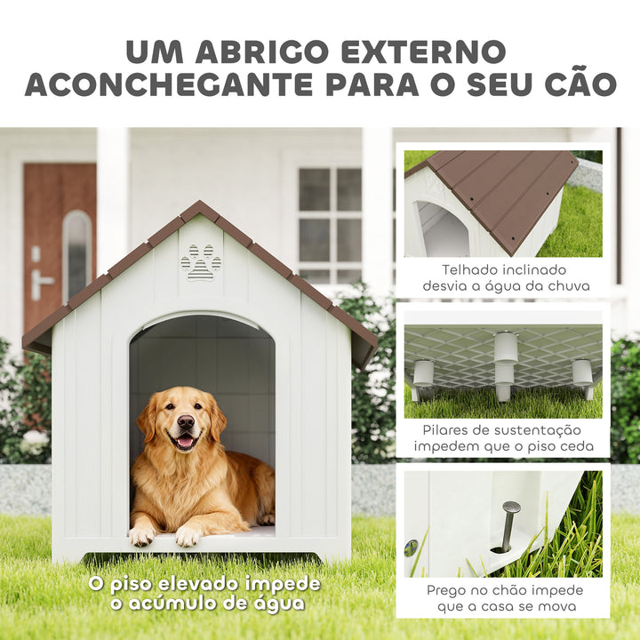 Casota para Cães de Exterior Casa para Cães Grandes de Plástico Impermeável com 2 Janelas Base Elevada Estacas Fácil de Montar 88x79x89 cm Castanho Escuro